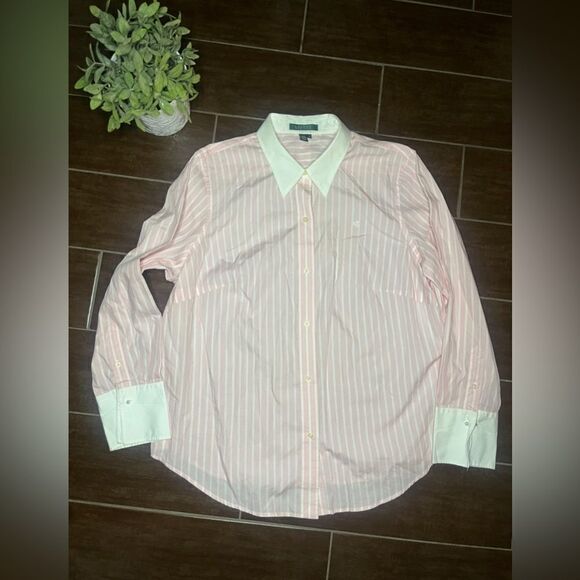 Lauren Ralph Lauren pink/white striped button down sz 1X - Picture 1 of 6